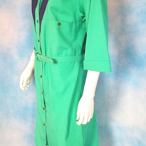 Vintage 80s Aqua and Navy Cotton Poly Western Belted Shift Shirt Dress with Cuffed Sleeves, Brass Buttons/ Willi of California/ Size 14 image 7