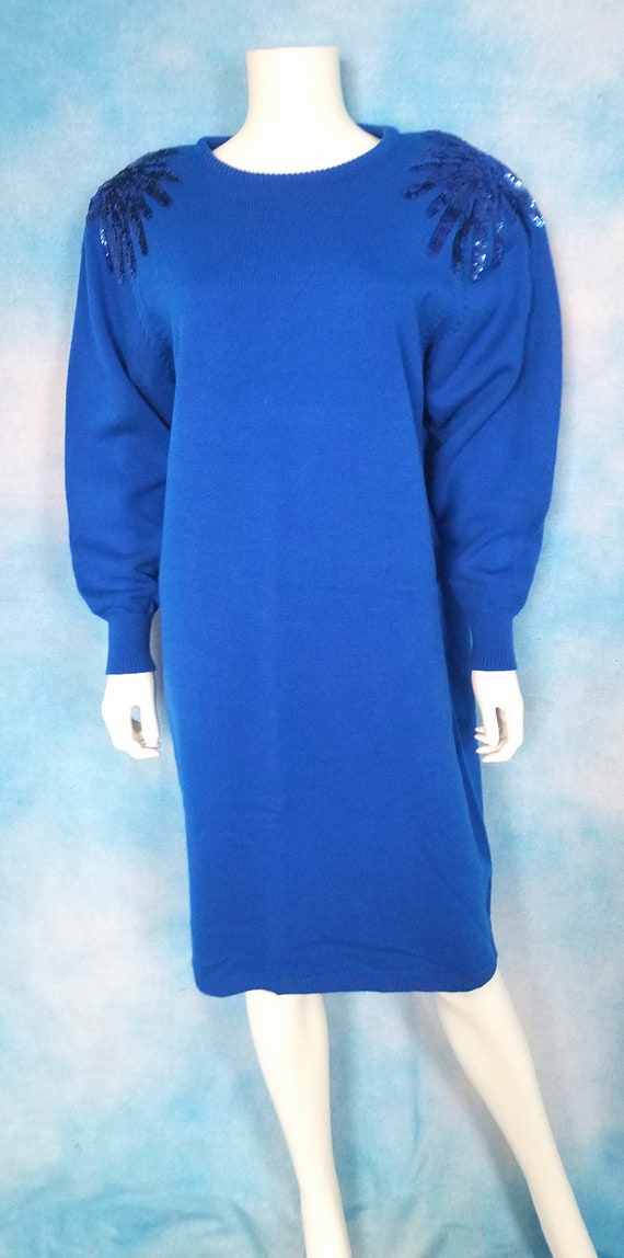 Vintage 80s Process Blue Knit Acrylic Sweater Dre… - image 2