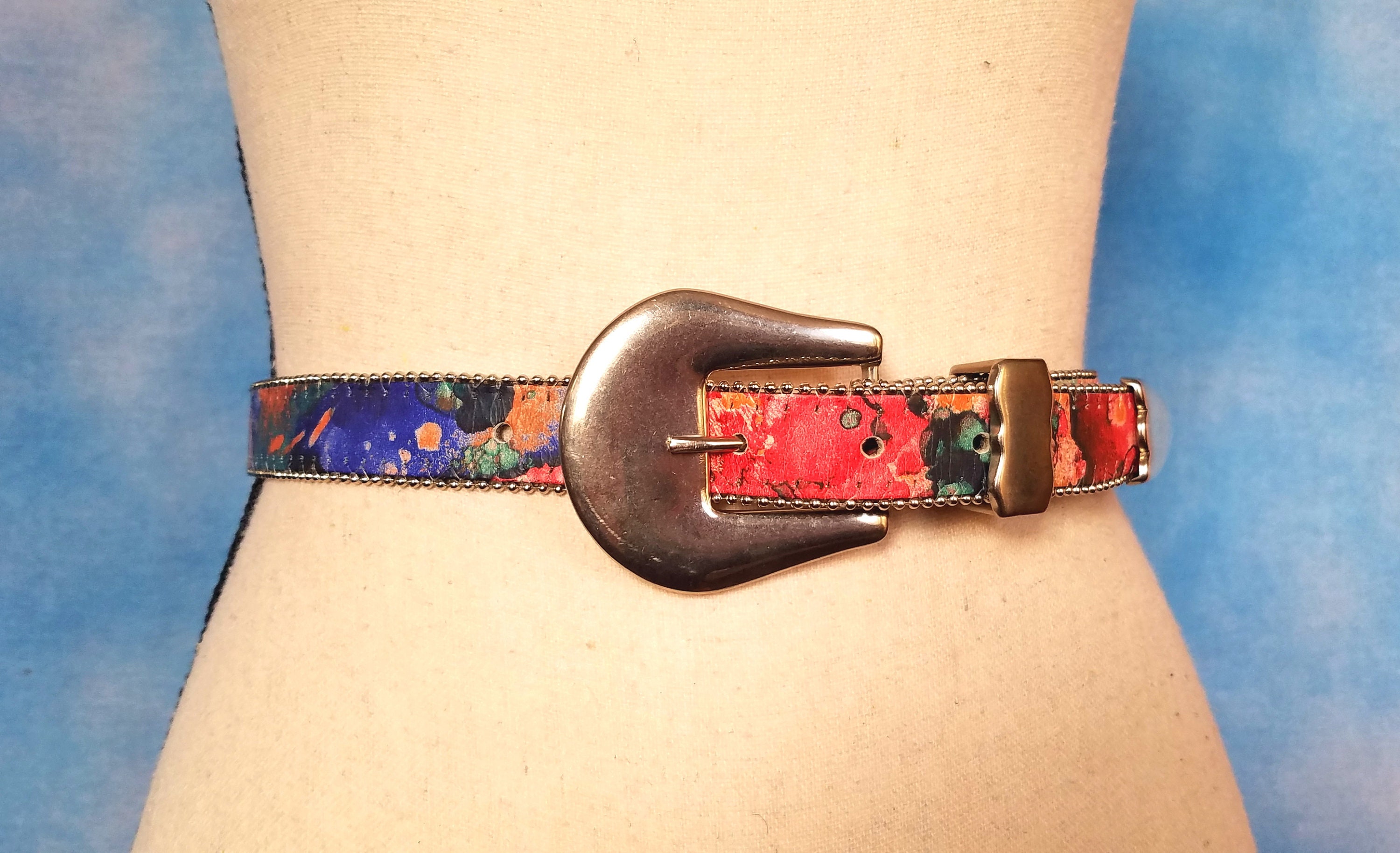 WOMEN’S VINTAGE 80’s PASTEL NEON COLORFUL WIDE BELT CIRCULAR BUCKLE ABSTRACT EUC Fun! Deadstock! 1970s-80s Wide Rainbow Stretch Belt Double  main image 4