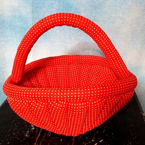 Vintage Unique 70s Cloth Soft Stuffed Fiber Art Quilted Basket with Handle, Red and White Swiss Dot Fabric