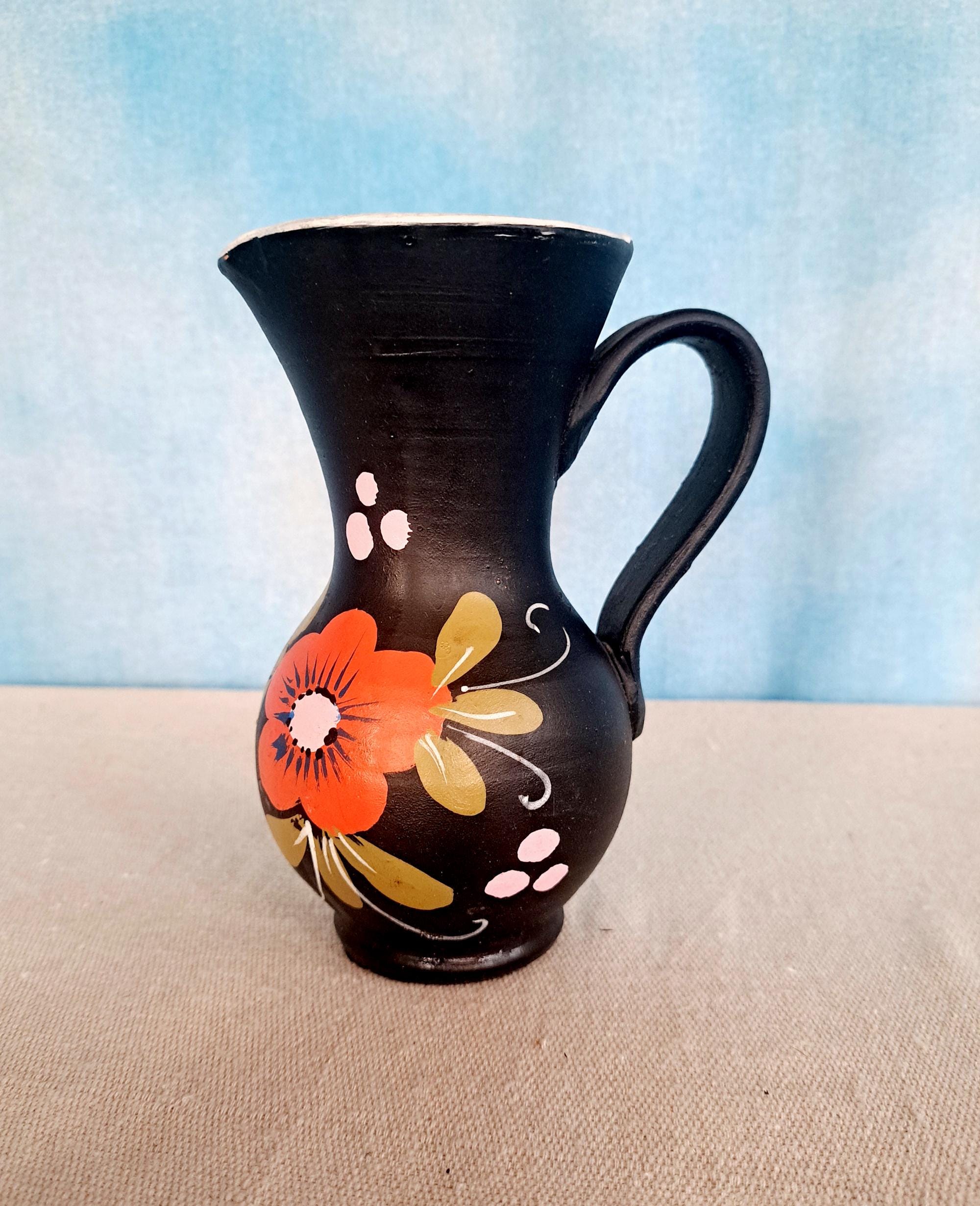 Vintage 60s Rustic Black Floral Pottery Italian Vase Pitcher Ewer