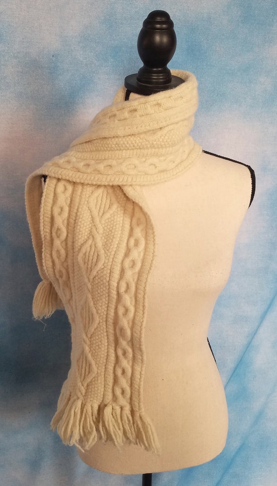 Vintage Cream Thick Woolen Aran Cable Knit Wide Mu