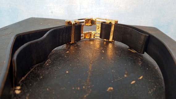 Vintage 70s Adjustable Black Leather Belt with Go… - image 3