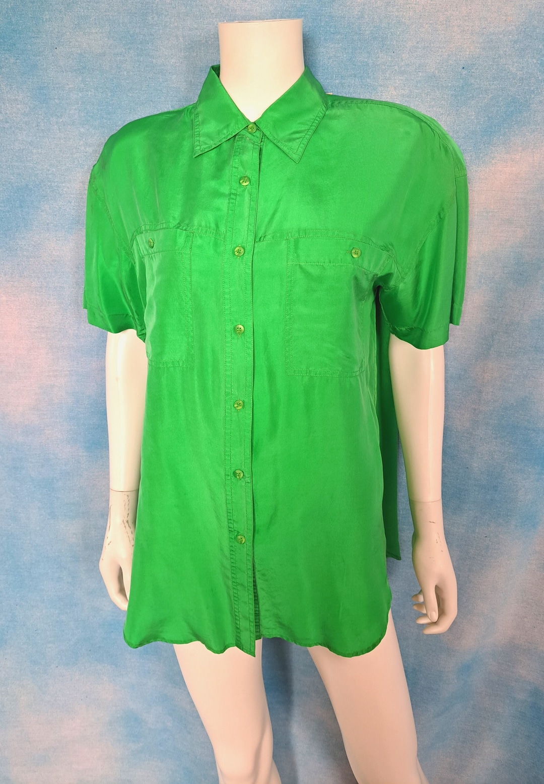 Vintage 90's Pusilk Classic Green 100% Silk Long Sleeve Shirt