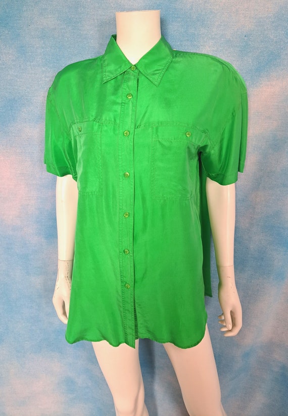 Vintage 90s Lime Peel Green Silk Camp Shirt Blous… - image 1