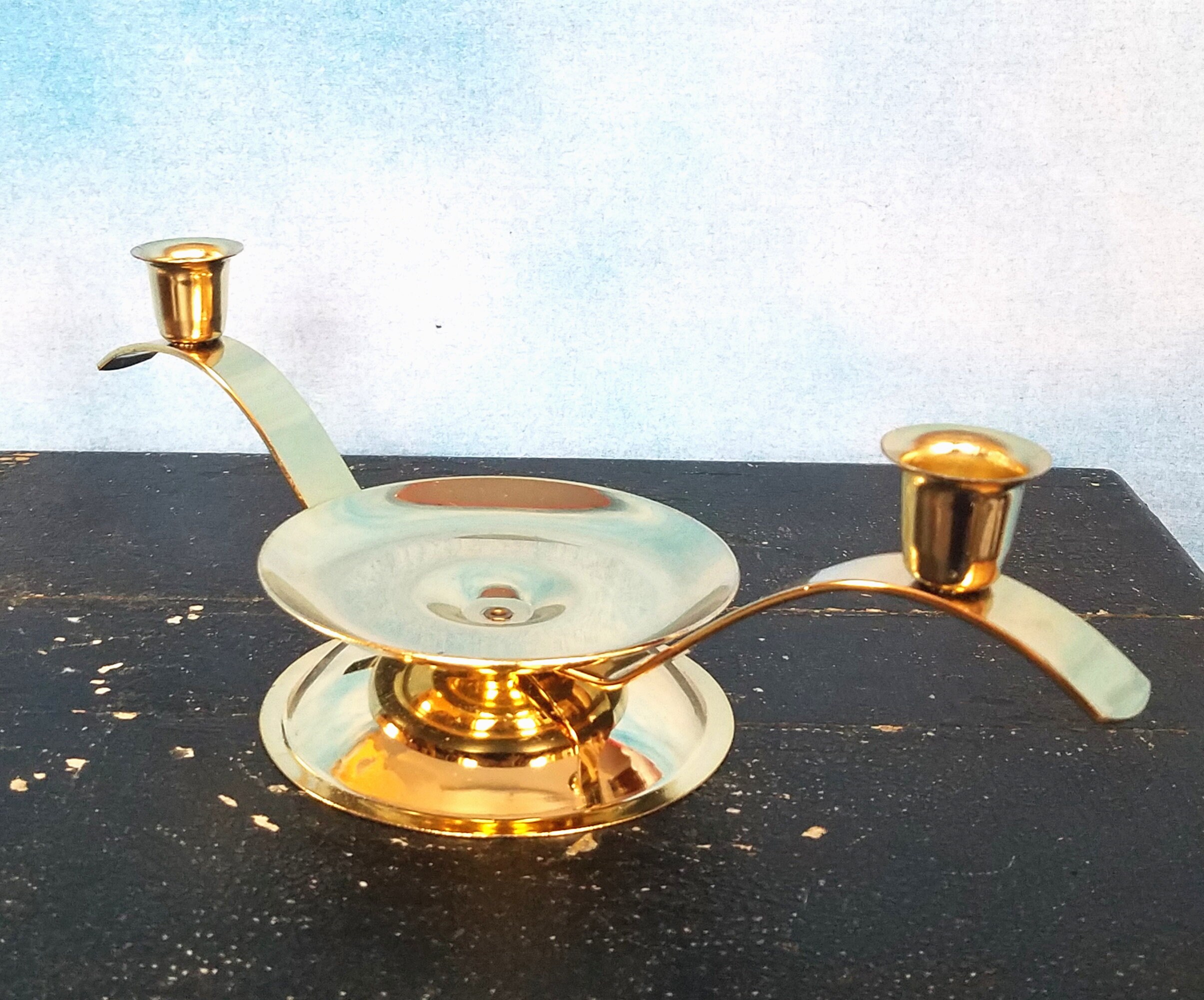Vintage 80s Coated Brass Modern Candelabra/ Metal Glow by