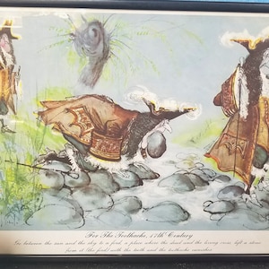May include: A vintage illustration of three figures in 17th-century clothing walking across a stream of rocks. The text reads "For The Toothache, 17th Century. Go between the sun and the sky to a ford, a place where the dead and the living cross, lift a stone from it (the ford) with the tooth and the toothache vanishes."