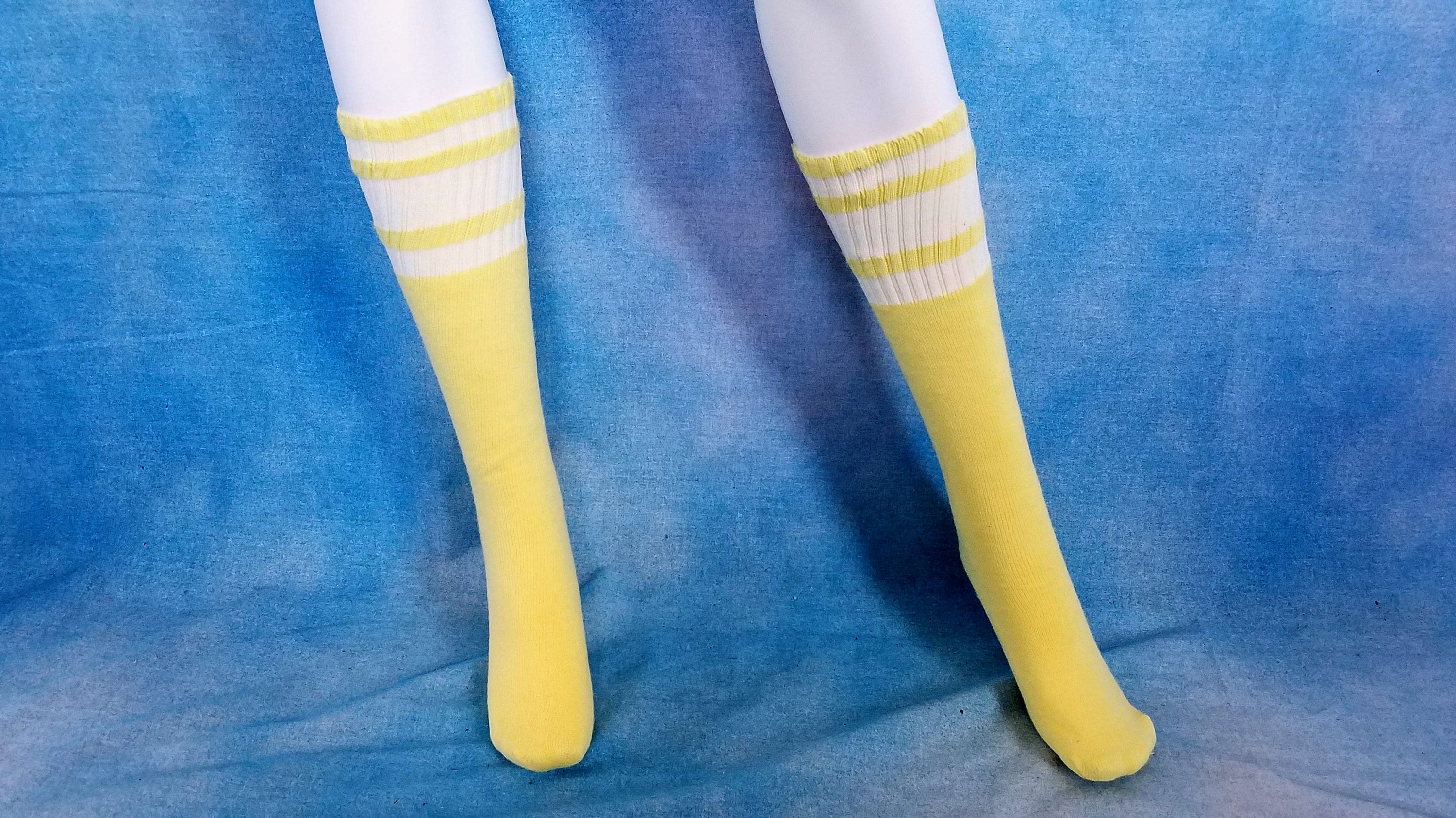 4 Pairs Casual Knee High White Tube Socks Long Athletic Blue Stripe Sports  10-15 