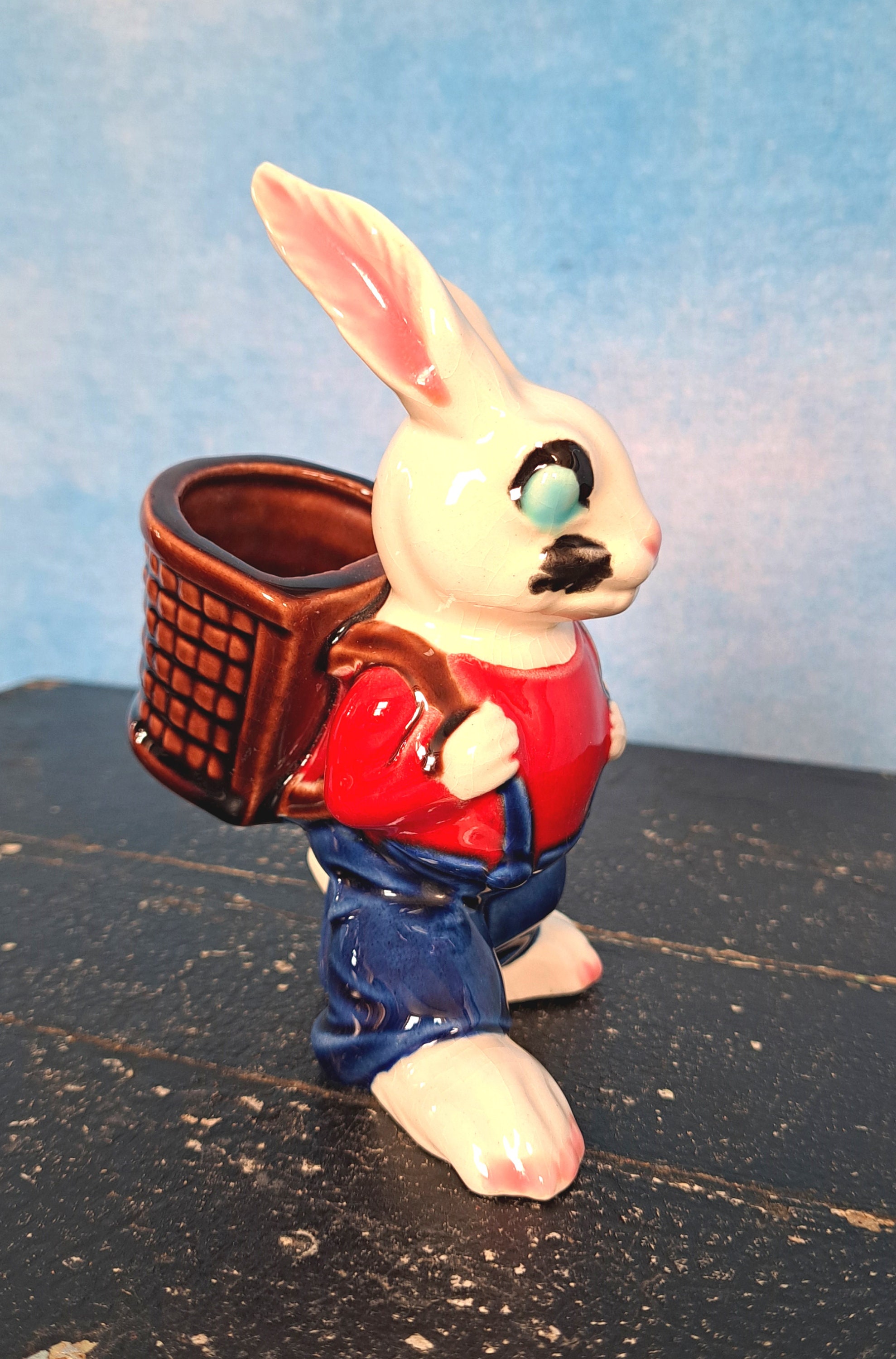 Vintage 60s White Porcelain Rabbit Figurine Wearing Red Shirt and