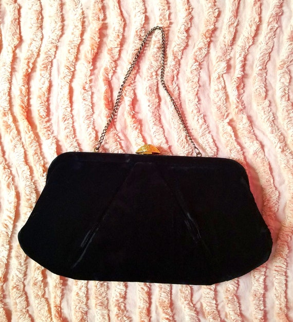 Vintage 1940s Black Velvet Evening Bag Frame Purs… - image 1