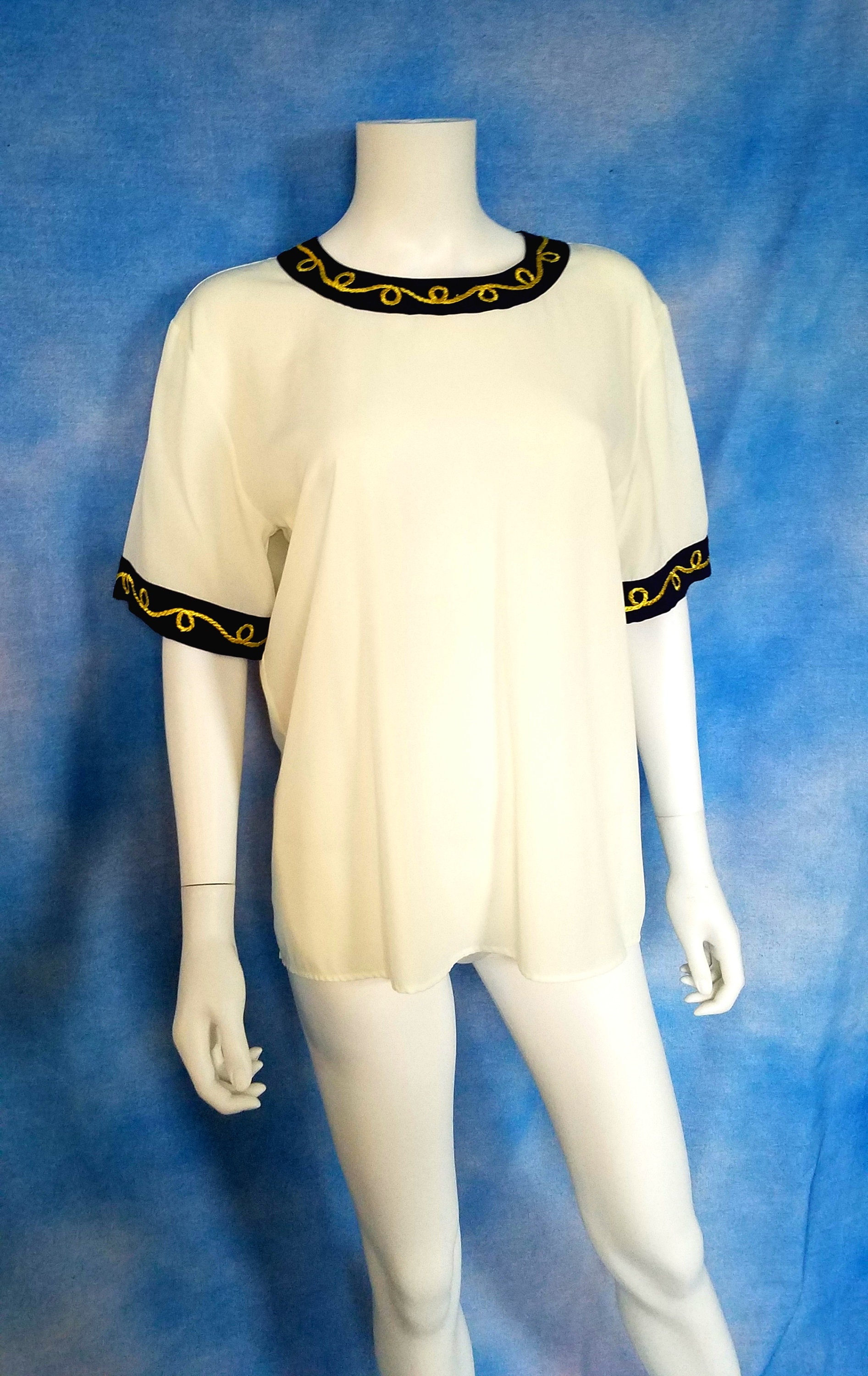 Vintage 90s Nautical White Silky Polyester Blouse With Navy and