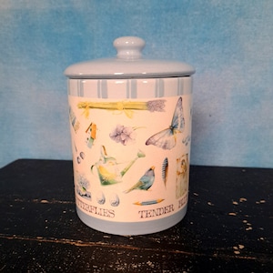 Vintage 90s Marjolin Bastin Ceramic Crockery Lidded Canister, Pastel Blue and White, Blue-Themed Imagery and Script Hallmark