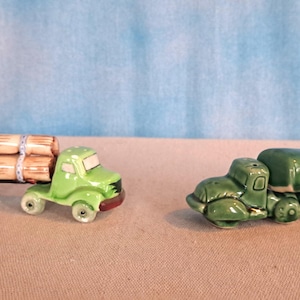 Vintage 60s or 70s Logging Truck and Garbage Truck Salt and Pepper Shaker Sets, Made in Japan