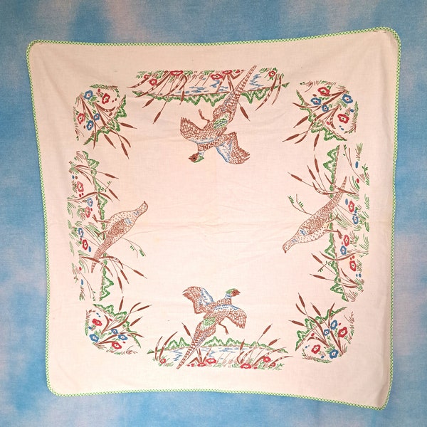 Vintage 1940s Square Cotton Tablecloth with Printed Male and Female Pheasants, Nature Scenes, Flowers, Green Gingham Border