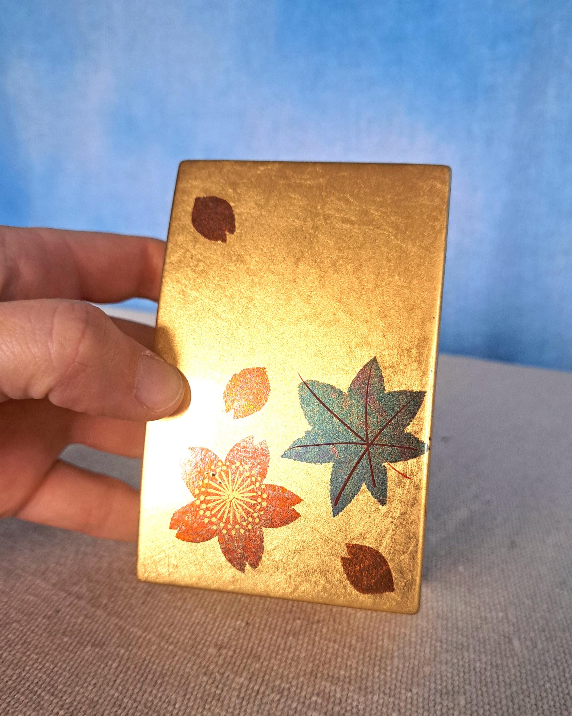 Vintage Japanese Kanazawa Gold Leaf Rectangular Lacquered Trinket Box with Red Flower, Green Leaf
