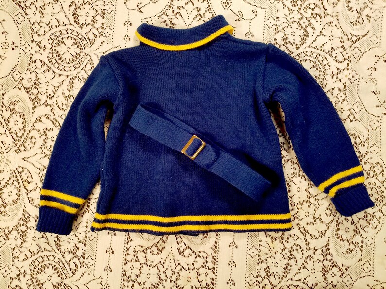 Vintage 60s Nautical Navy and Gold Double Breasted Toddler Cardigan with Belt Well Woolies Made in England Size 3T