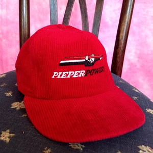 Vintage 80s Blood Red Corduroy Seed Trucker Ball Cap Snapback with Pieper Power logo/ Made in USA