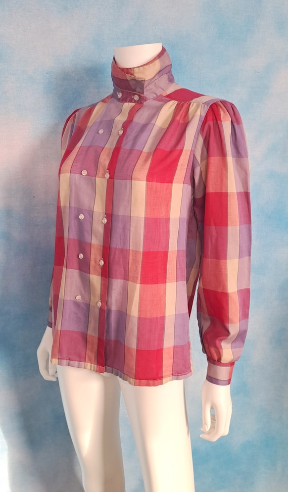 Vintage 80s Double Breasted Purple Red Pink Madras Plaid High 