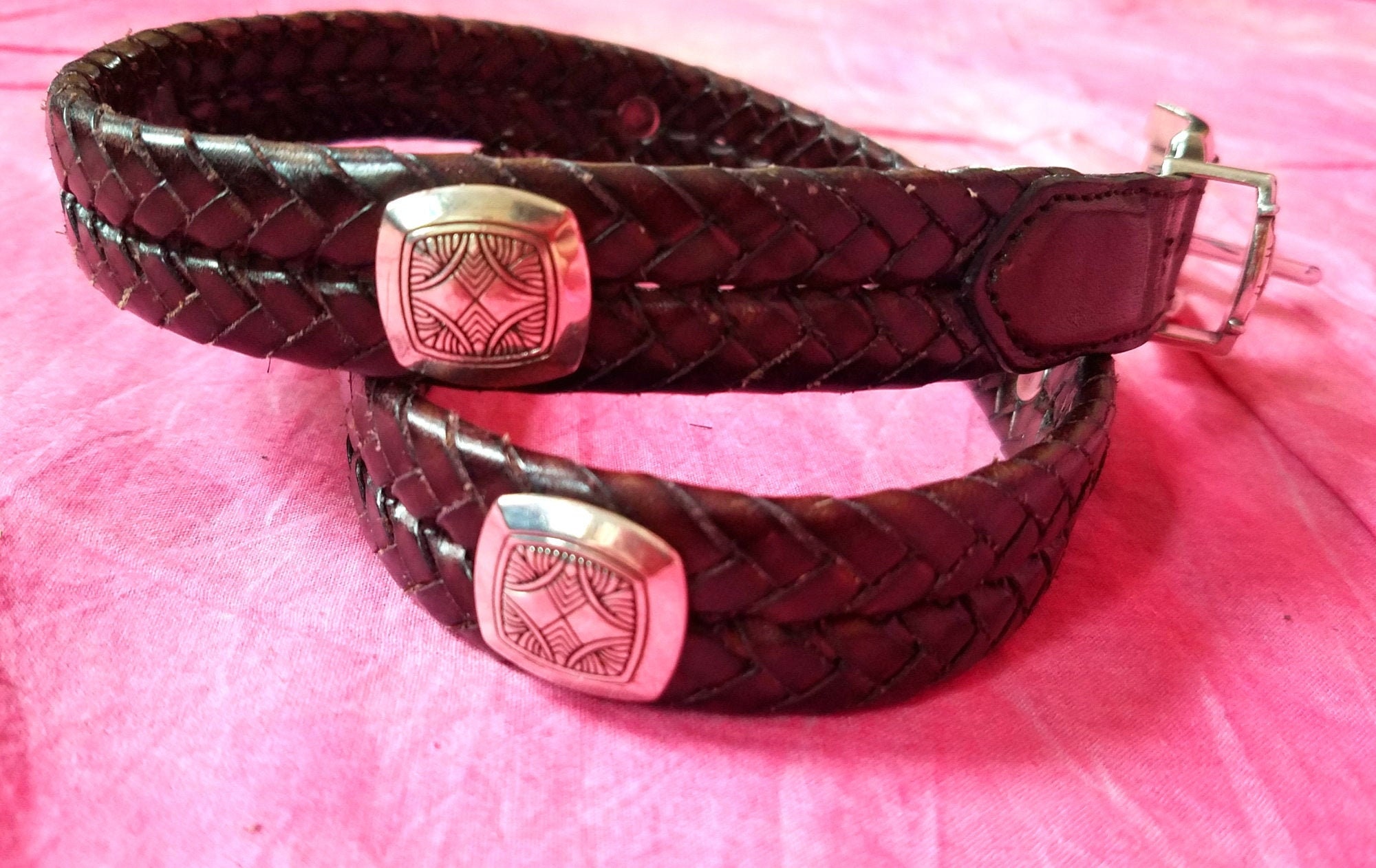 Vintage Brighton Brown Woven Leather Belt .925 Silver Plated Buckle Women’s Sz S Vintage Brighton belt – Holy Thrift main image 3