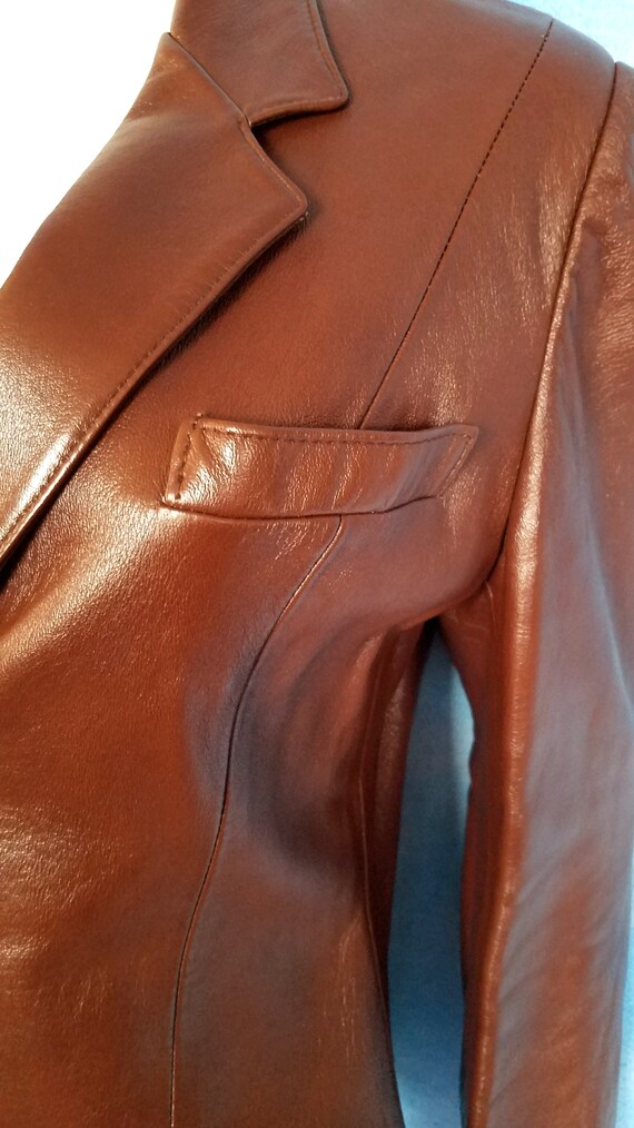 Vintage 70s Red-Brown Shiny Leather Blazer Jacket… - image 4