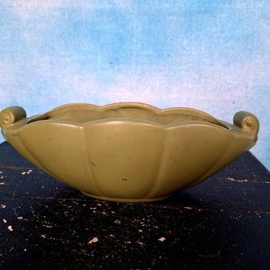 May include: A green ceramic planter with a scalloped edge and two scroll-shaped handles. The planter is sitting on a black surface.