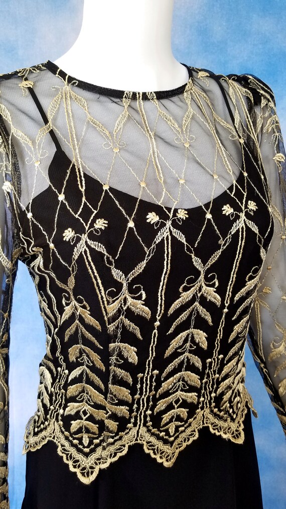 Vintage 80s Black Chiffon Long Sleeve Dress, Illusion Bodice and