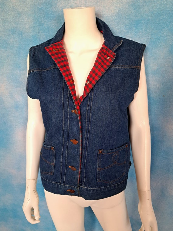 Vintage 80s Dark Wash Denim Button Down Vest w Red