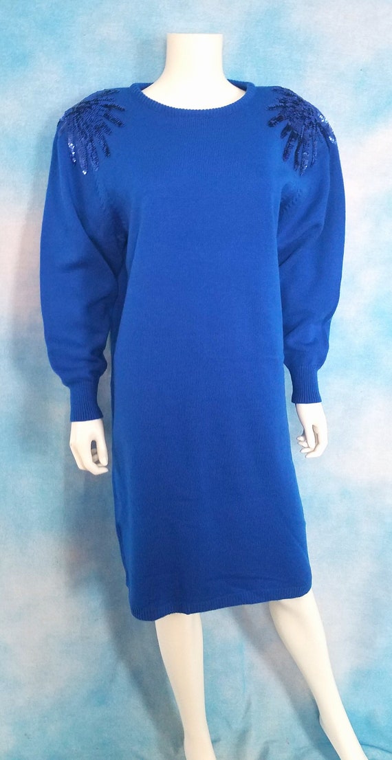 Vintage 80s Process Blue Knit Acrylic Sweater Dre… - image 1