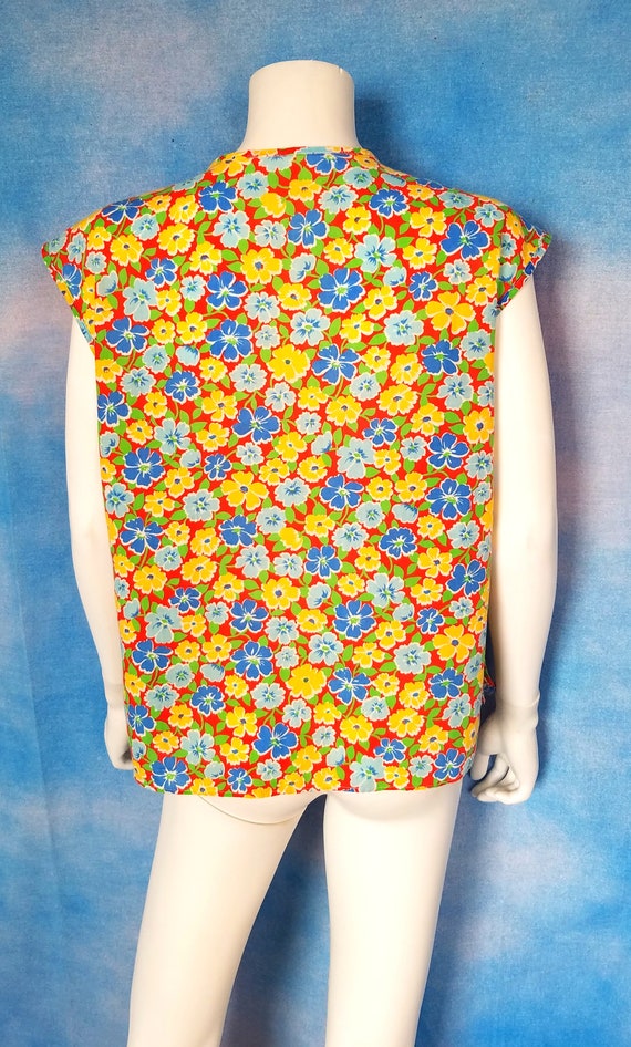 Vintage 60s Color Block and Floral Calico Blue, Y… - image 9