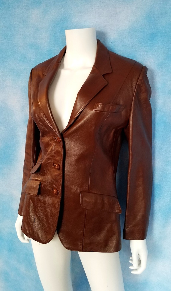 Vintage 70s Red-Brown Shiny Leather Blazer Jacket… - image 3