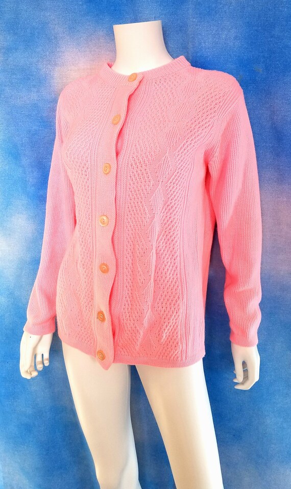 Vintage 60s Bubblegum Pink Diamond Cable Knit Cardigan/ Size M-L