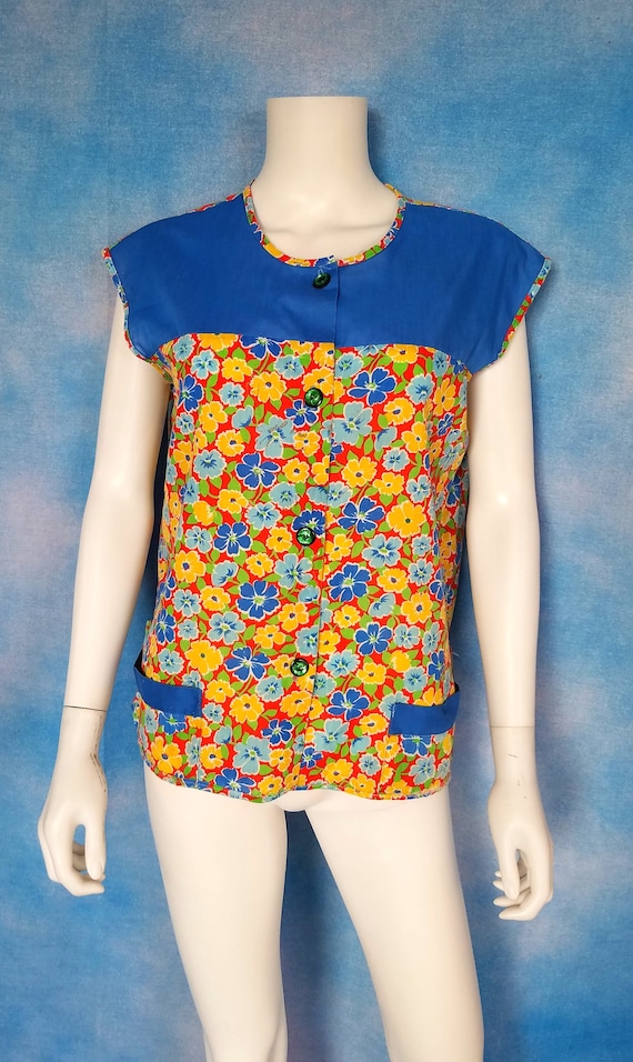 Vintage 60s Color Block and Floral Calico Blue, Y… - image 2