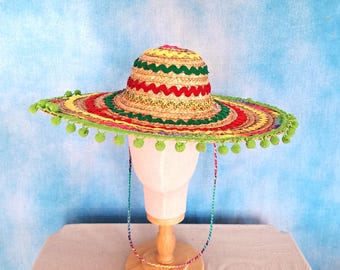 Vintage 90s Colorful Broad Brimmed Braided Straw Hat With  display picture 1