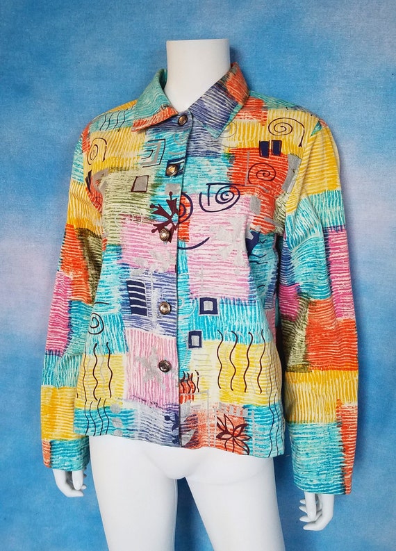Vintage 90s Colorful Abstract Hand Painted Jacket - Color