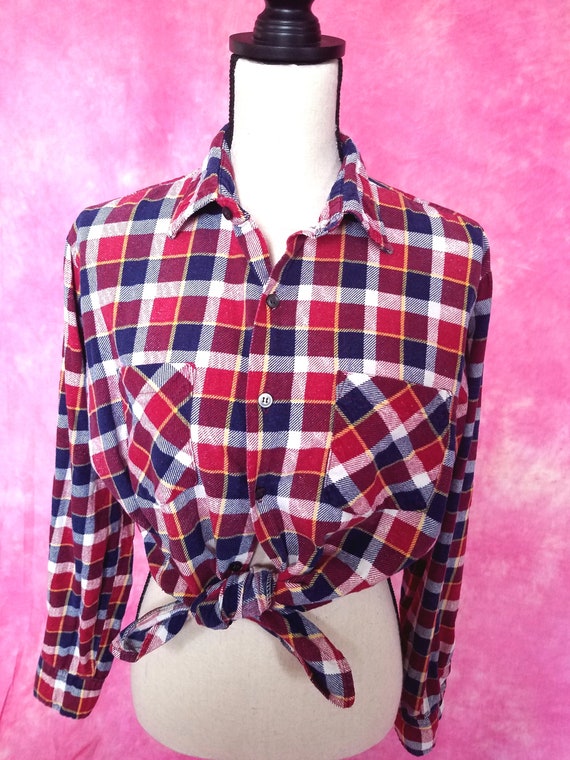 Vintage 70s or 80s Plaid Cotton Flannel Shirt/ Mi… - image 7
