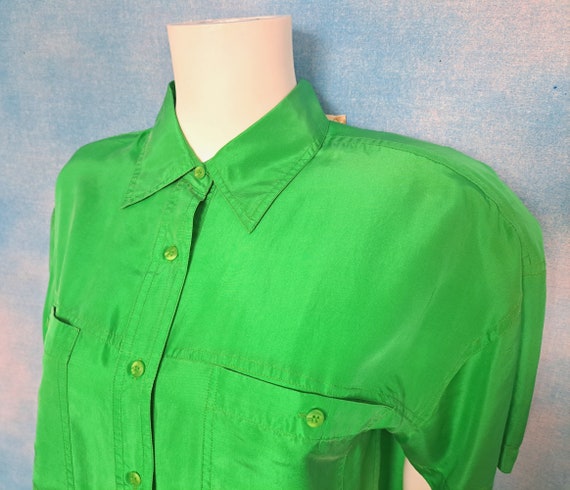 Vintage 90s Lime Peel Green Silk Camp Shirt Blous… - image 4