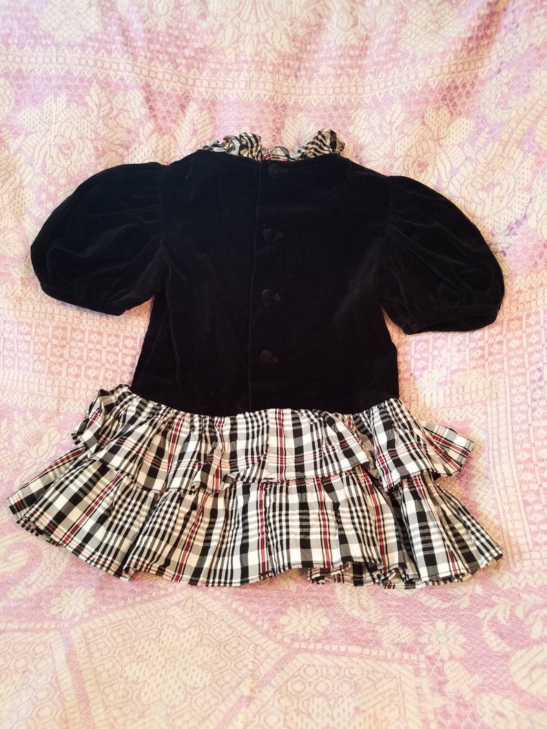 Vintage 80s Toddler Black Velvet Puff Sleeved Party Dress with Tartan Taffeta Skirt/ Nannette/ Size 2T image 6