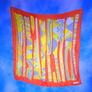 Vintage 60s or 70s Mod Brutalist Abstract Silky Fashion Scarf, Orange, Gray, Gold/ Paoli/ 30” x 30”