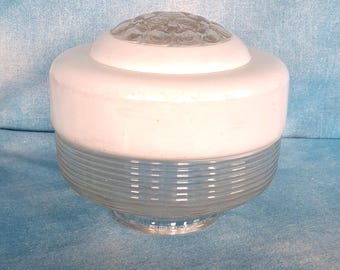 Vintage 1950s Glass Beehive Drum Flush Mount Ceiling Light Shade, Frosted and Clear, Ribbed and Snail Shell/ 3 5/8" Fitter