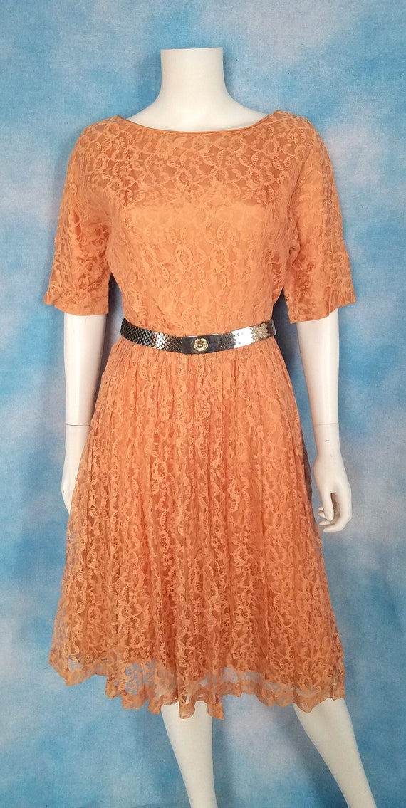 Vintage 50s Blush Peach Chantilly Lace Dress with… - image 1