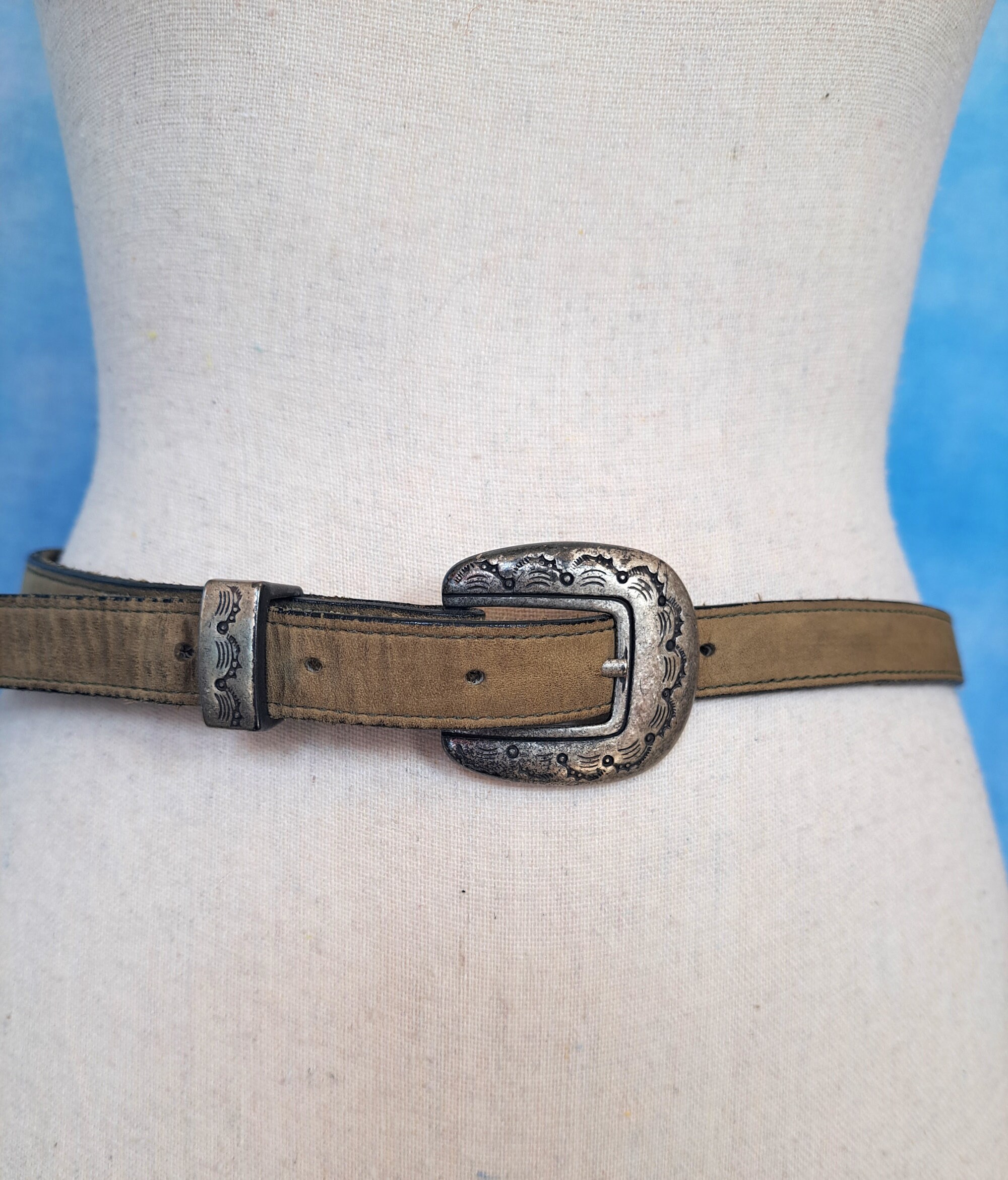 Vintage 80s Super Skinny Western Belt, Heavy Stamped Silver  display picture 1