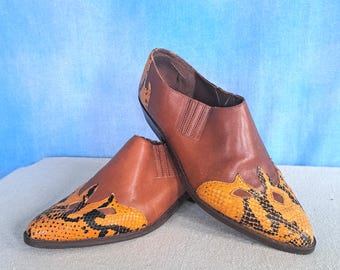 Vintage 80s or 90s Saddle Tan and Stamped Black and Yellow Snakeskin Look Leather Western Short Booties, Pointed Toe, "Sandy"/Womens Size 7M