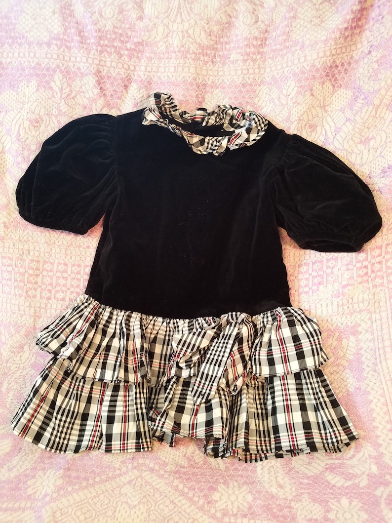 Vintage 80s Toddler Black Velvet Puff Sleeved Party Dress with Tartan Taffeta Skirt/ Nannette/ Size 2T image 1