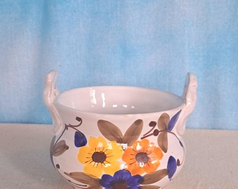 Vintage Hand Painted Ceramic Pottery Floral Small Planter, Majolica Style, Made in Italy
