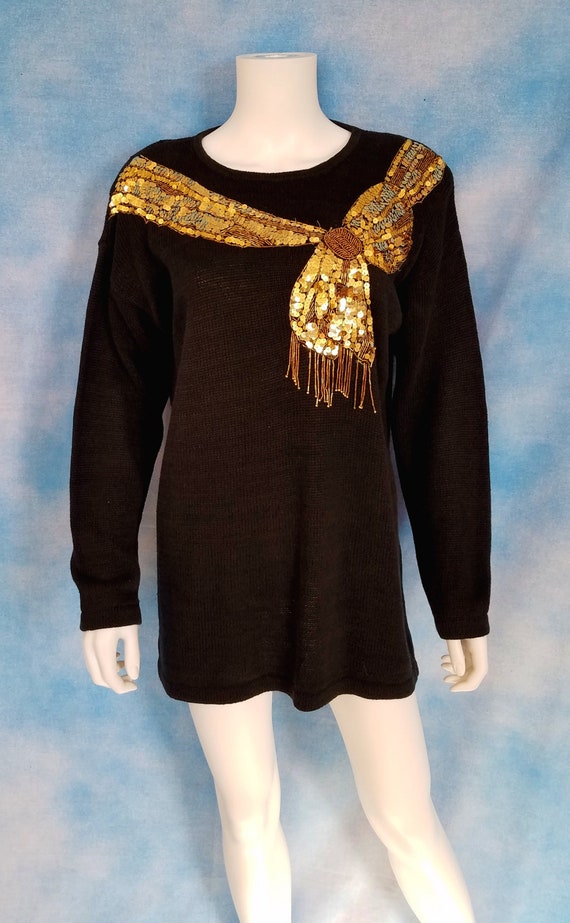 Vintage 80s Black Ramie and Cotton Long Sweater wi