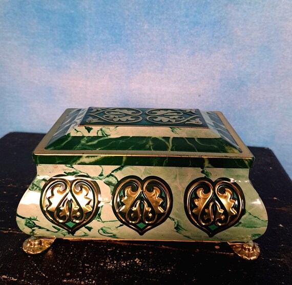 Vintage 60s Green Marble-look Elaborate Fancy Tin Box W Silver
