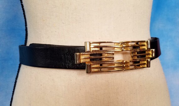 Vintage 70s Adjustable Black Leather Belt with Go… - image 9