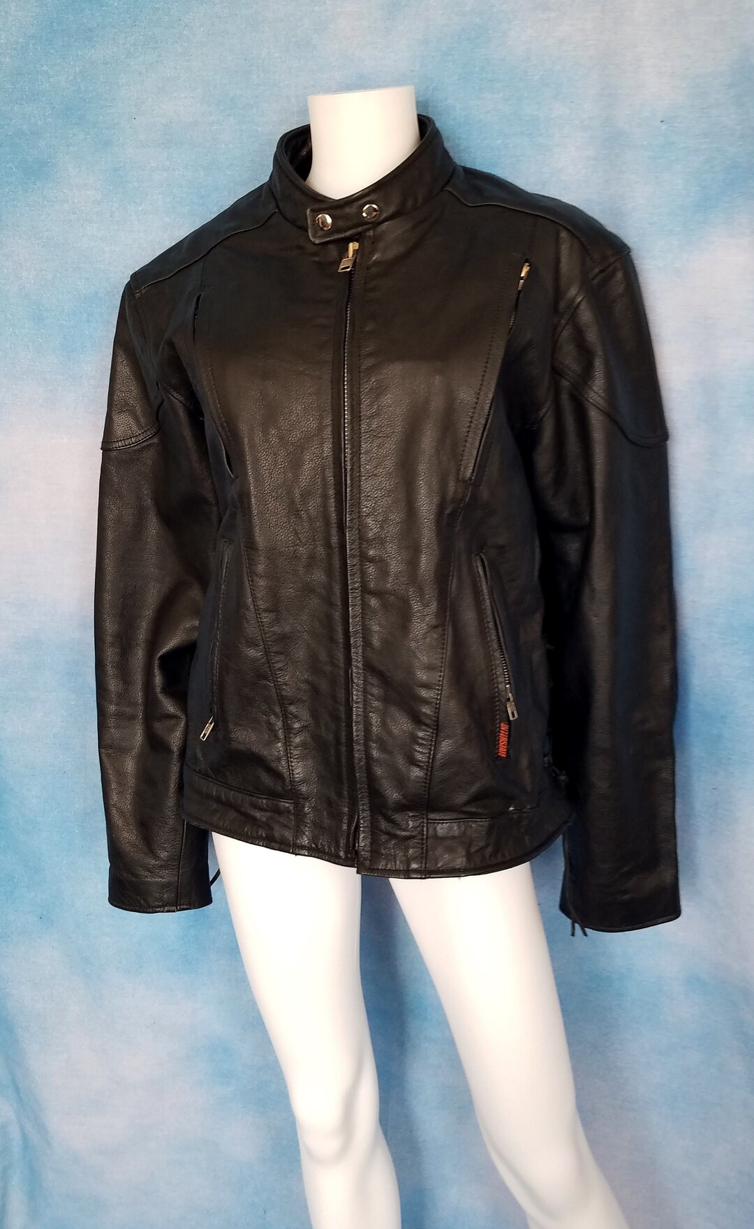 Vintage Mens Heavy Black Leather Touring Motorcycle Jacket With Kidney