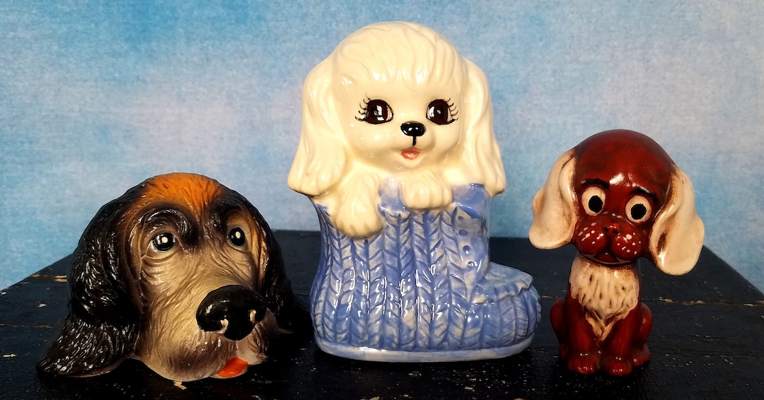 Vintage 3 Ceramic Porcelain Pottery Dog Figurines - White Dog in