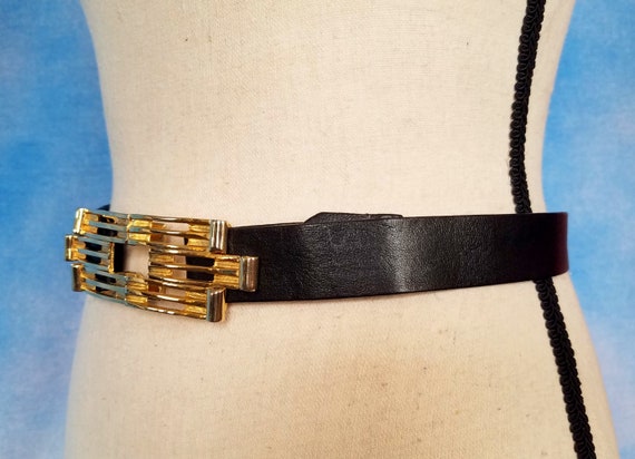 Vintage 70s Adjustable Black Leather Belt with Go… - image 5